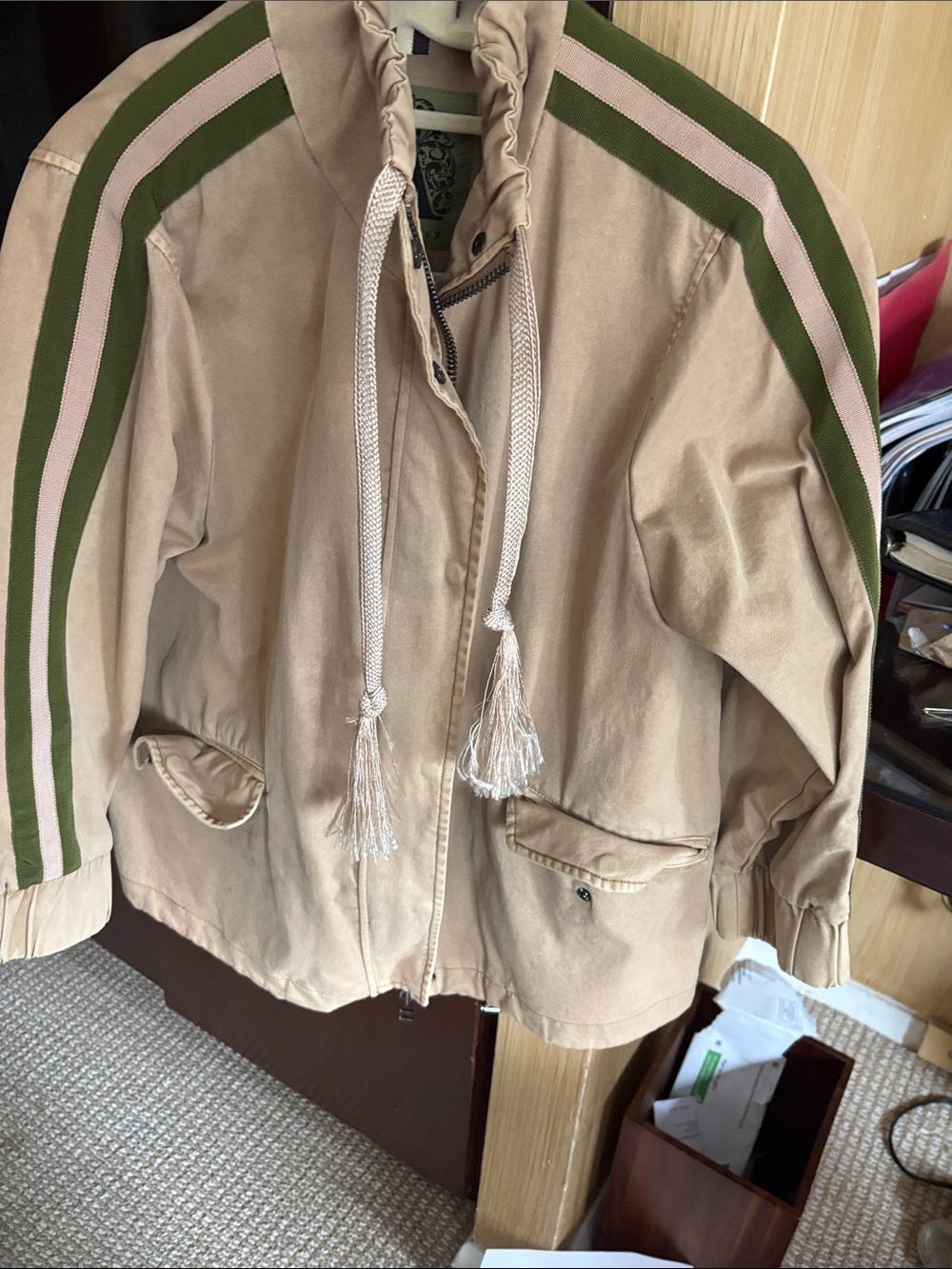 Beige Bomber Jacket with Olive and Pale Pink Shoulder Stripes